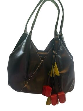 Espy Black Slouchy Shoulder Bag w Tulip Charm Floral Accent Purse